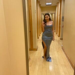 Windsor Silver Satin Cowl-Neck Maxi Dress with Side Slit